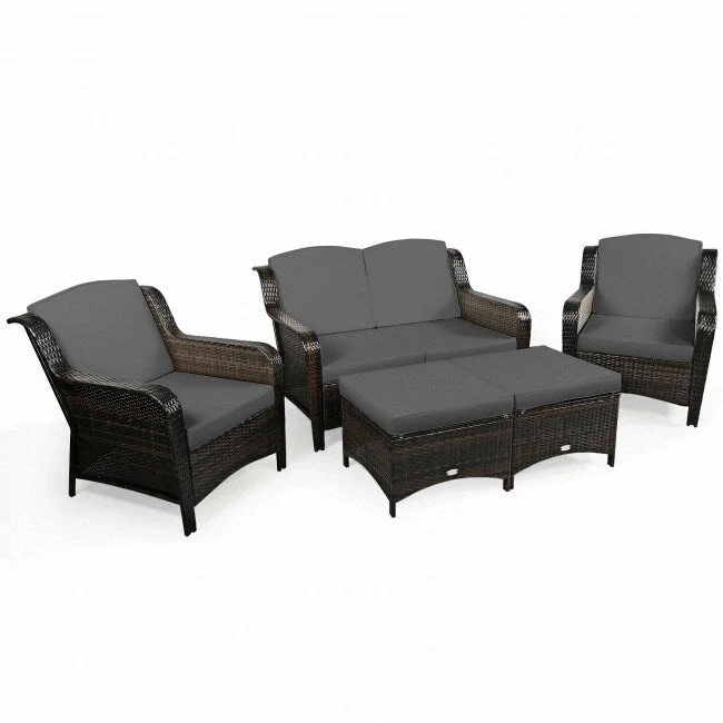 5 Pieces Patio Rattan Sofa Set with Cushion and Ottoman - 51 x 33.5 x 33 (L x W x H)
