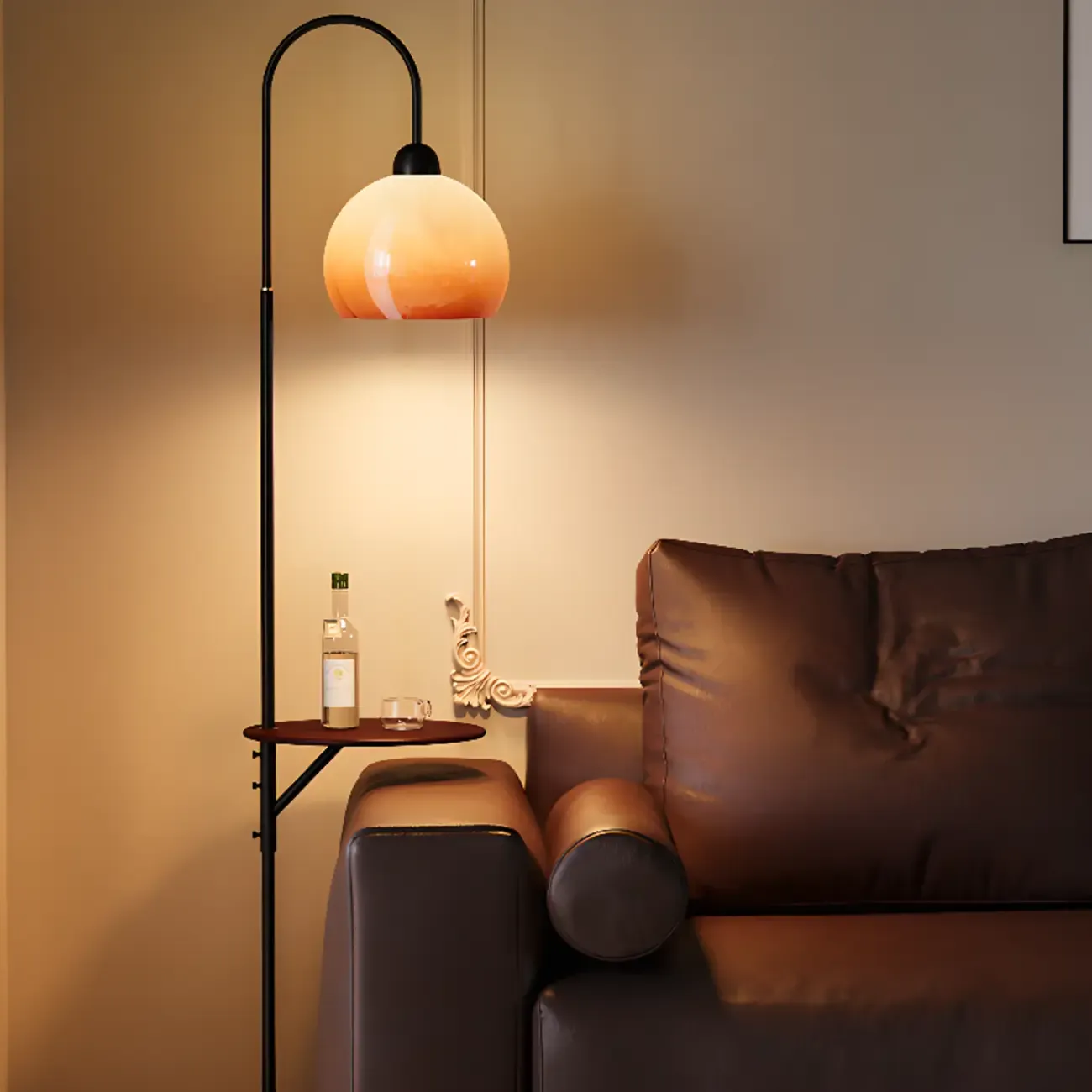 Modern Orange Dome Shade Metal Arc Floor Lamp with Table