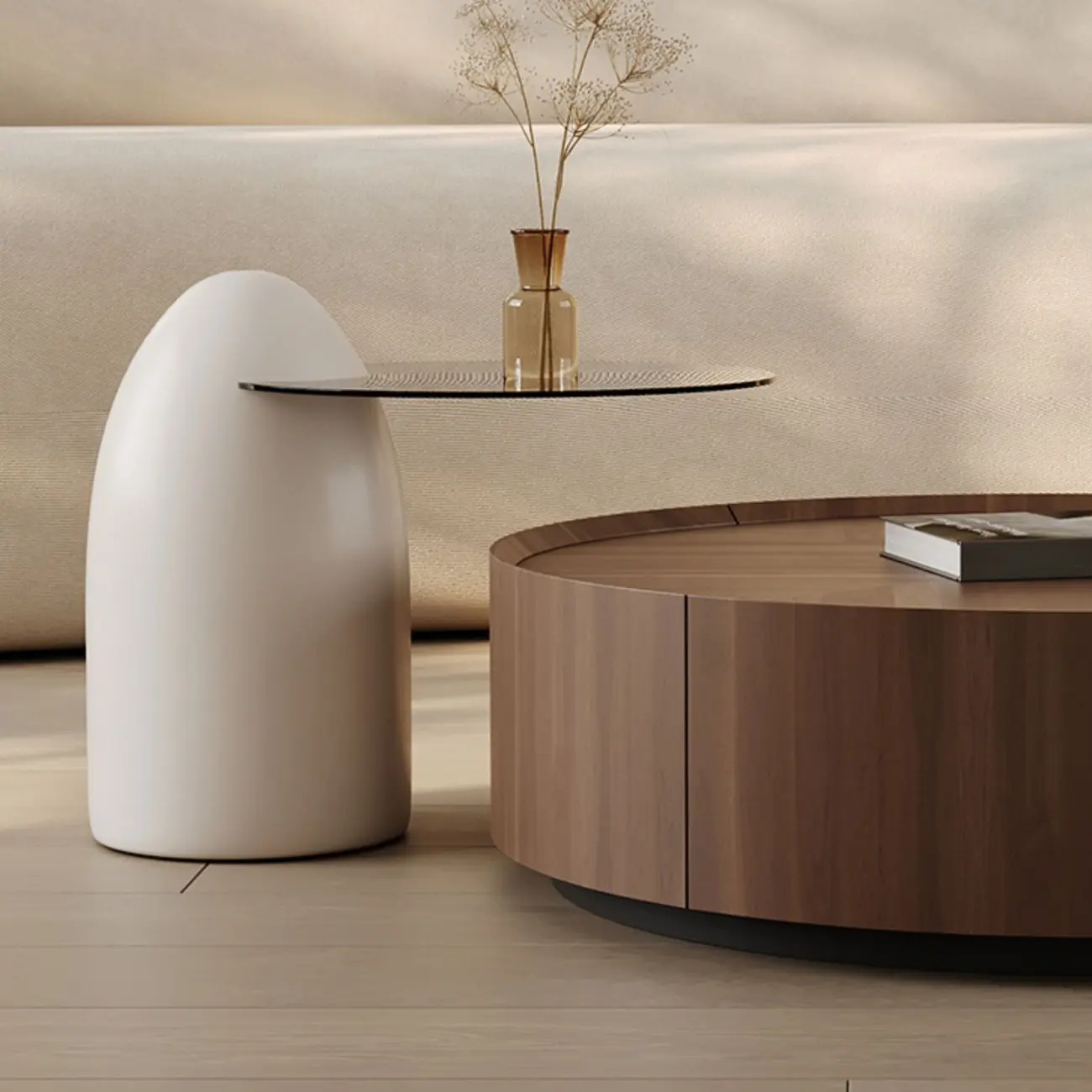 Brown Nesting Tray Wooden Round Coffee Table with 2 Drawers