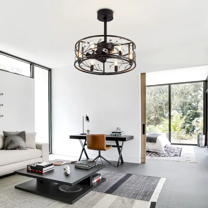 20-In Black Crystal Caged Ceiling Fan with Light Remote-6 Light