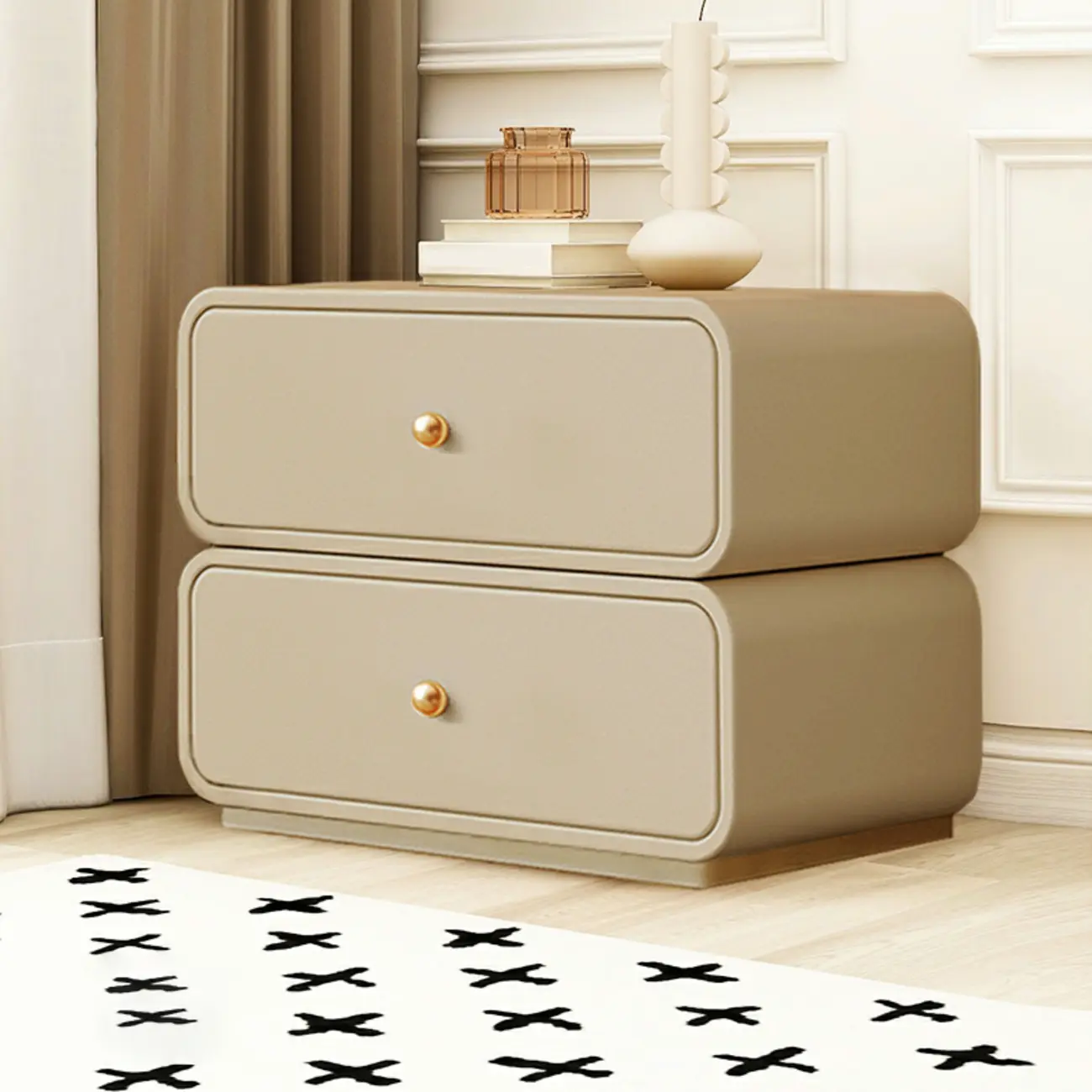 Modern White Faux Leather Rounded 2-Drawer Nightstand