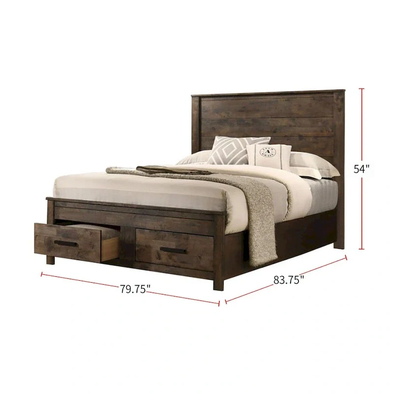 Wooden Eastern King Bed With Two Footboard Drawers in Golden Brown