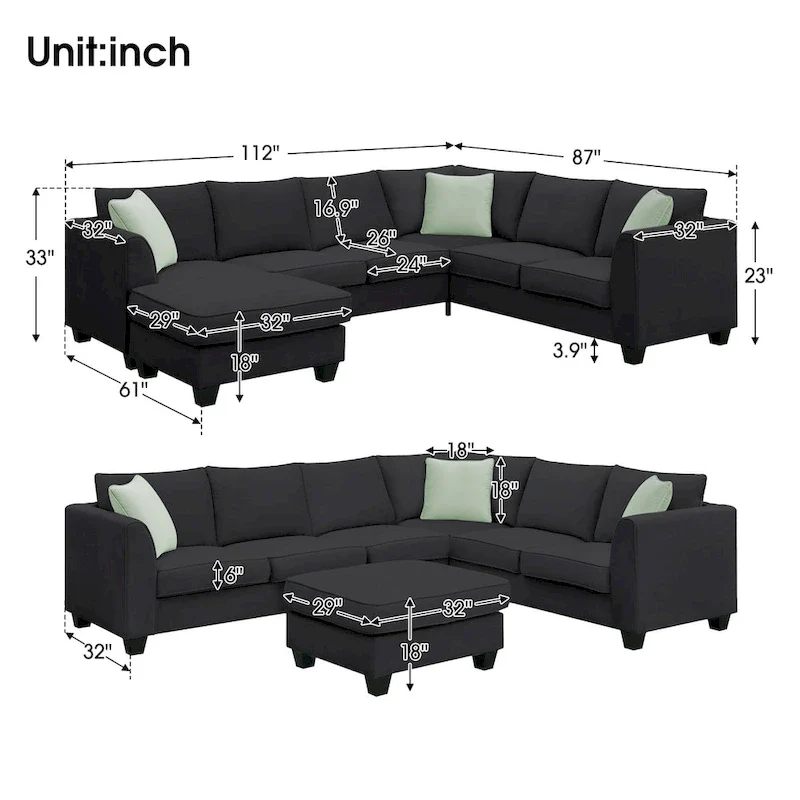L-Shaped 7-Seats Modular Sectional Sofa with Ottoman with 3 Pillows