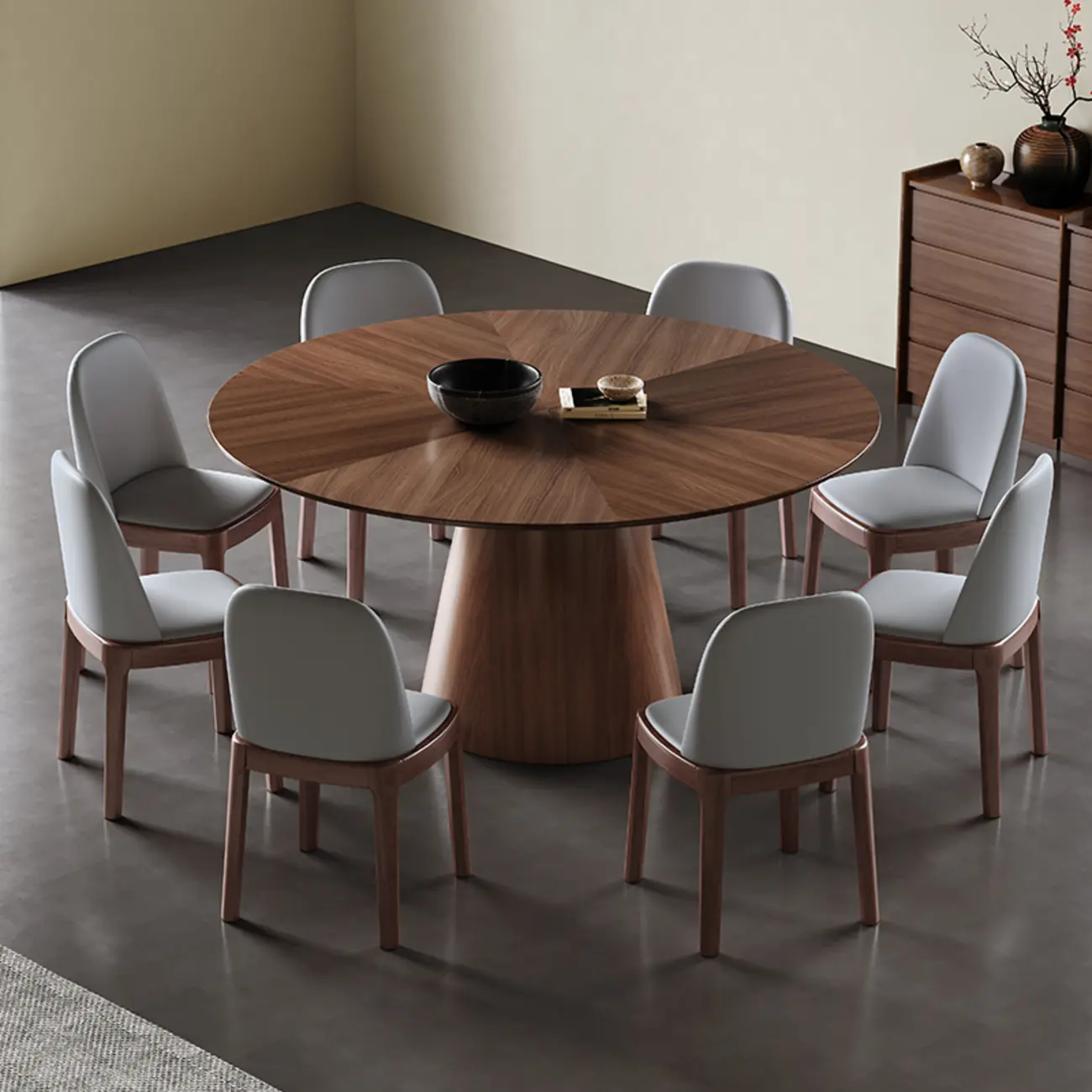 Modern Simple Round Walnut-Brown Wood Dining Table