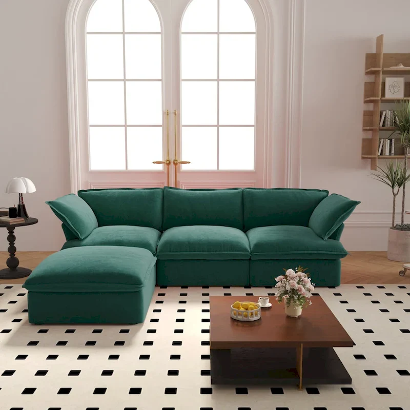 Cloud Sectional Sofa Down Feather Modular Couch L-shaped Velvet Wide Deep Seat Convertible Sofa.