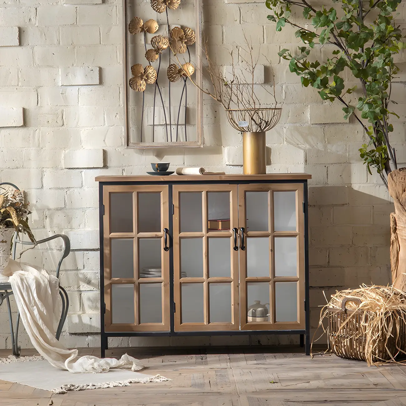 Classic Brown Curved Wooden Glass Door Display Cabinet