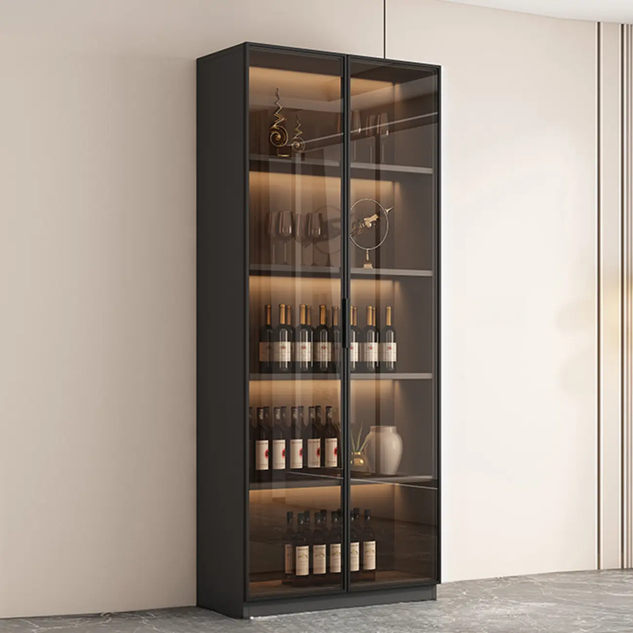 Tall Narrow Black Wood Display Cabinet with Light