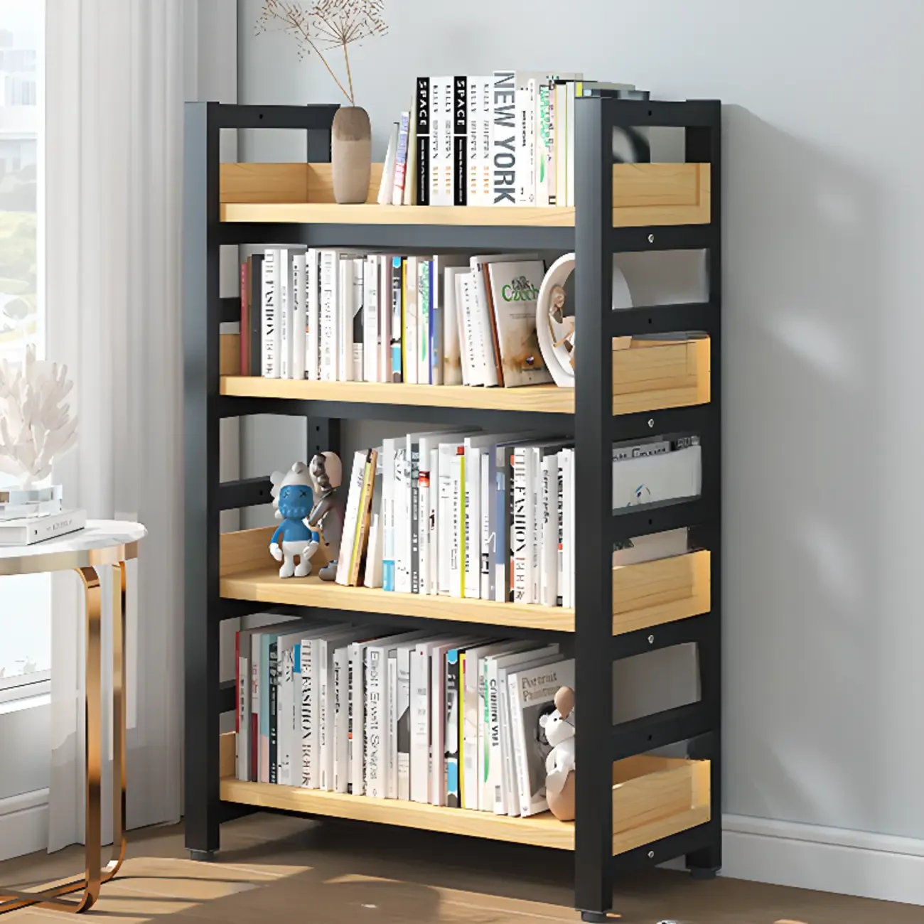 Freestanding Simple Multi-Layer Wood Bookshelf in Steel Frame