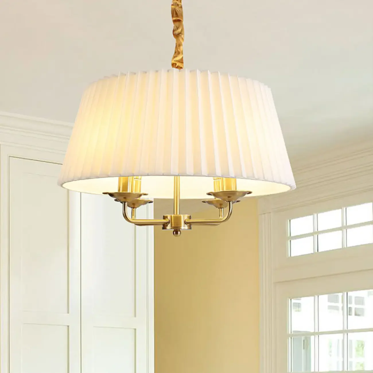 Modern Gold White Pleated Drum Chandelier Adjustable Height