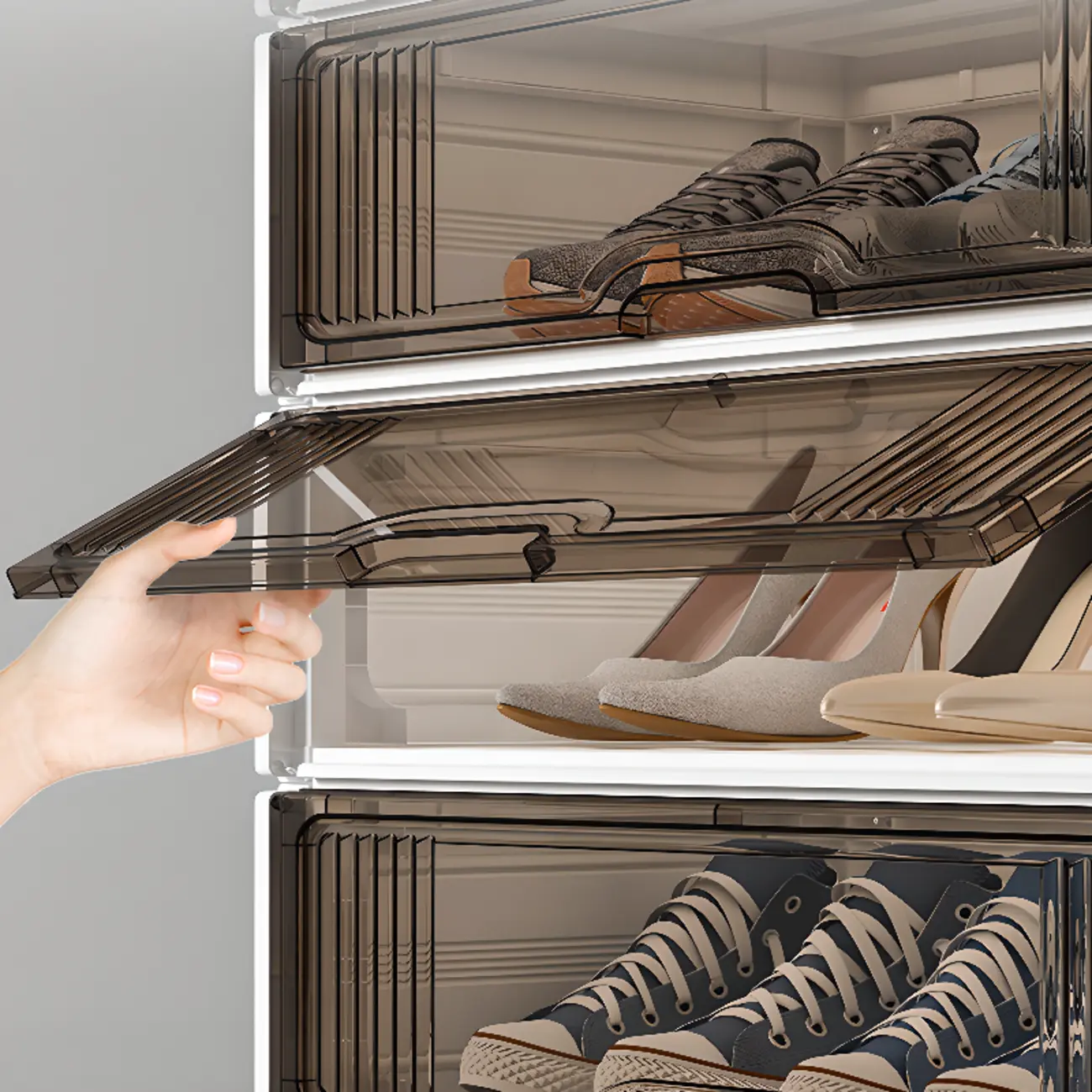 Durable Flip-up Glam Plastic Clear Shoe Boxes Stackable