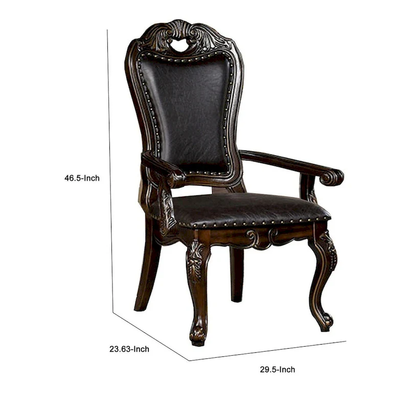 Ons 29 Inch Carved Dining Armchair, Set of 2, Brown Faux Leather