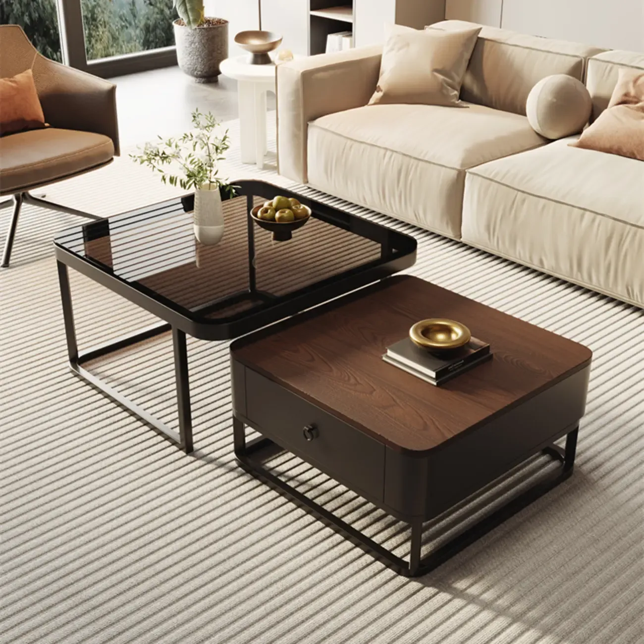 Modern Square Wood Stone Nesting Coffee Table
