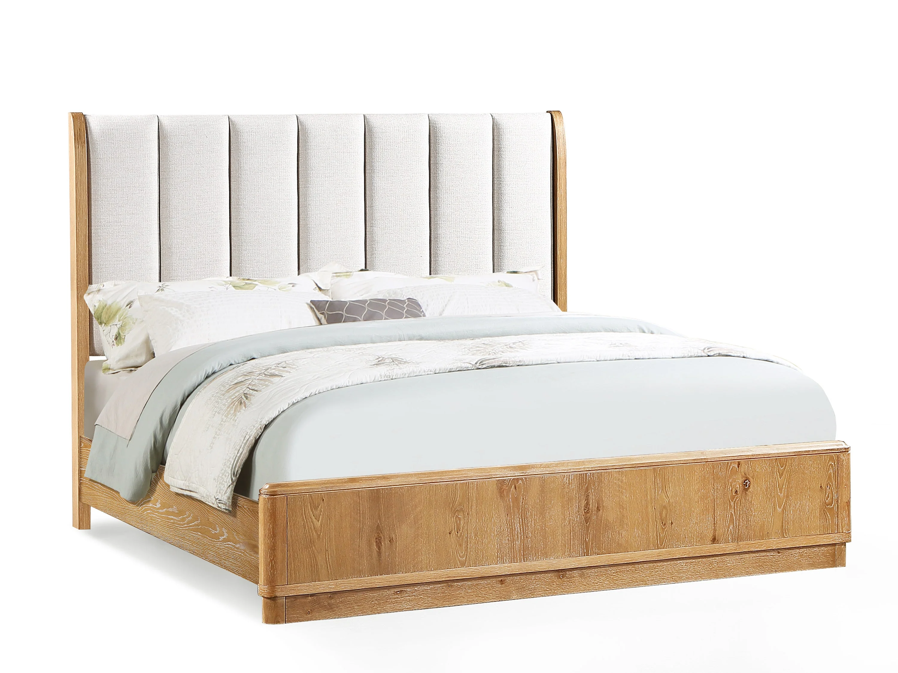 Walker Edison | Queen Upholstered Headboard with Rich Natural Wood Finish Platform