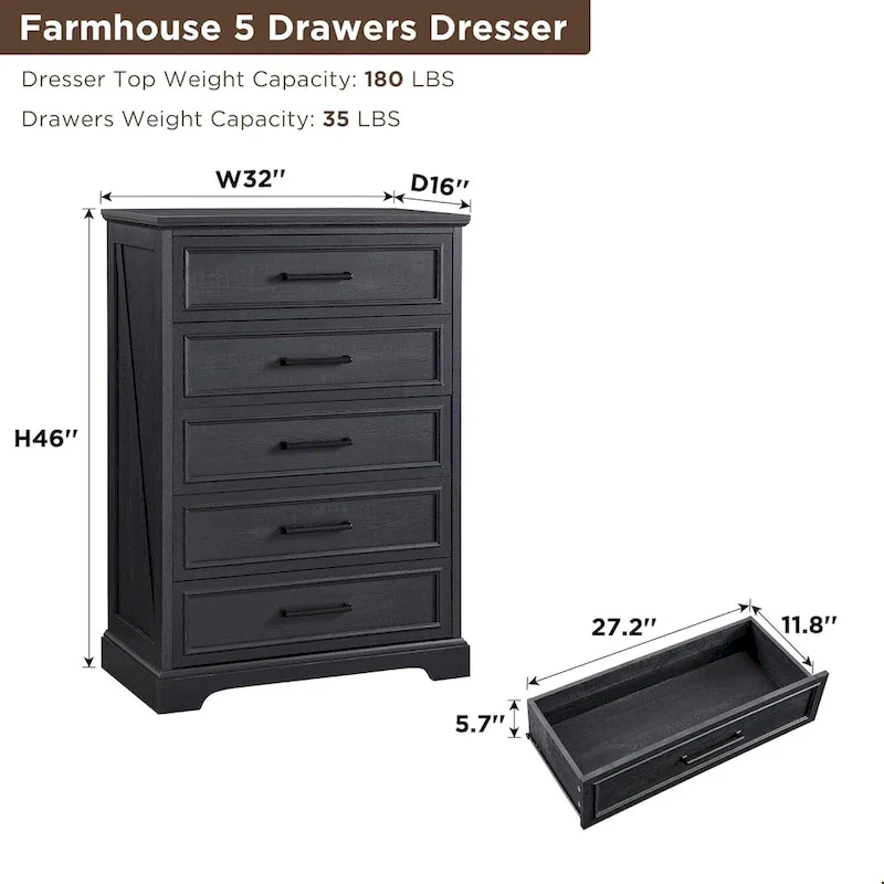 Farmhouse 5 Drawers Dresser Chests, Wood Rustic Chest of Drawers