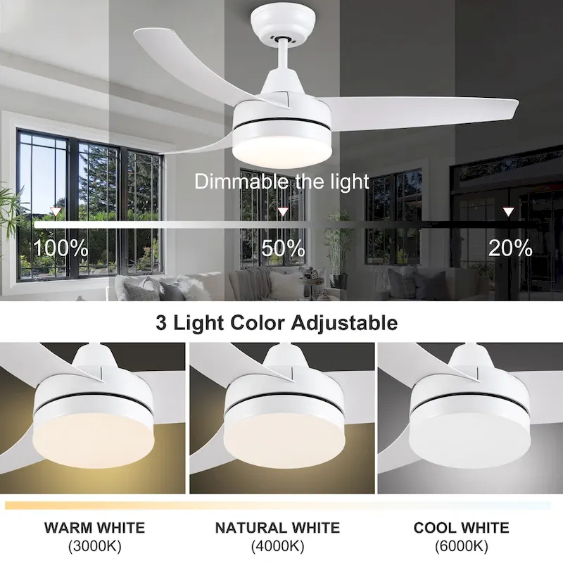 42 in. Matte White Ceiling Fan with light and Remote Control - 42 INCHES