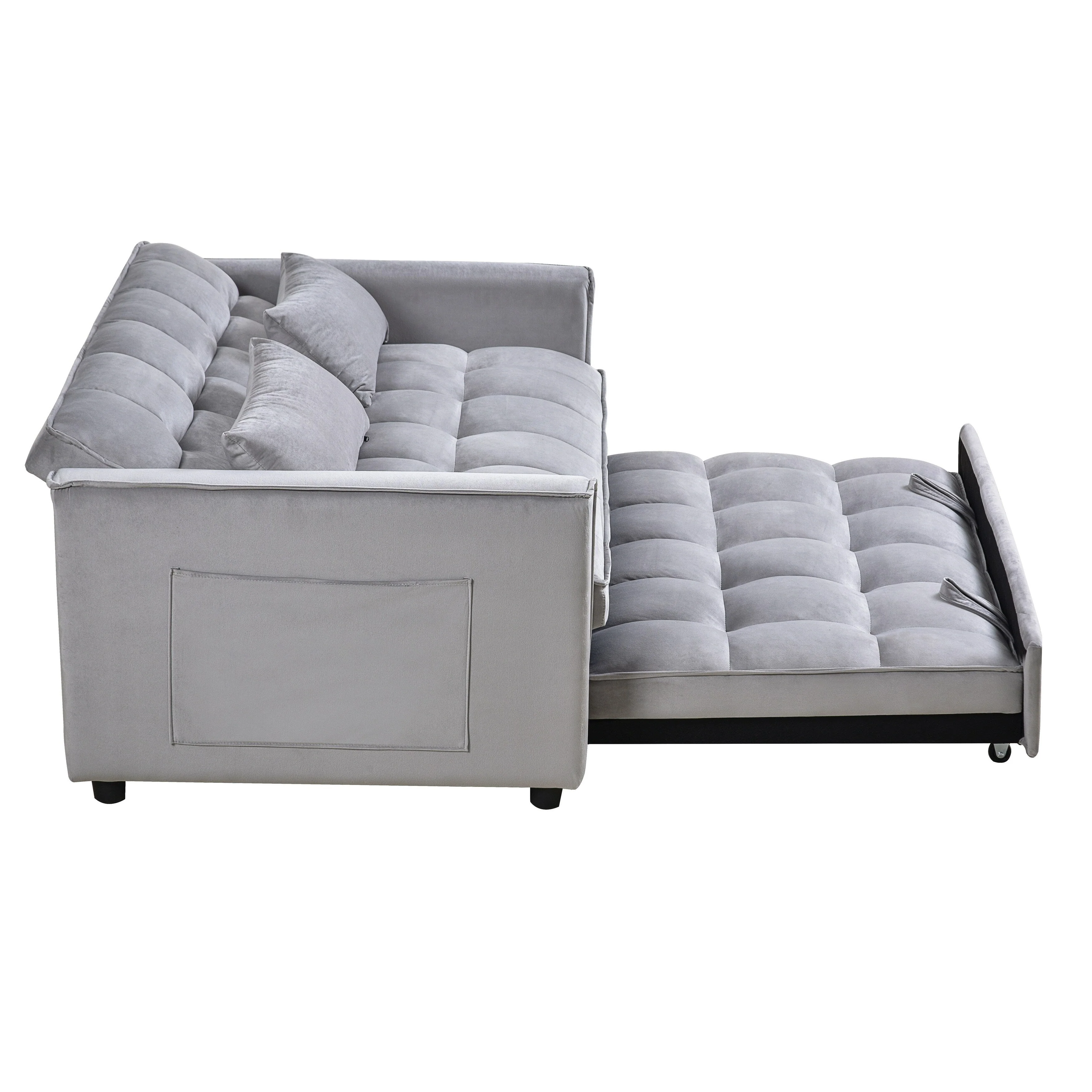 Modern Pull-Out Couch Bed, 3-in-1 Sleeper Sofa with Adjustable Backrest, Velvet Loveseat, Pillows & Side Pockets