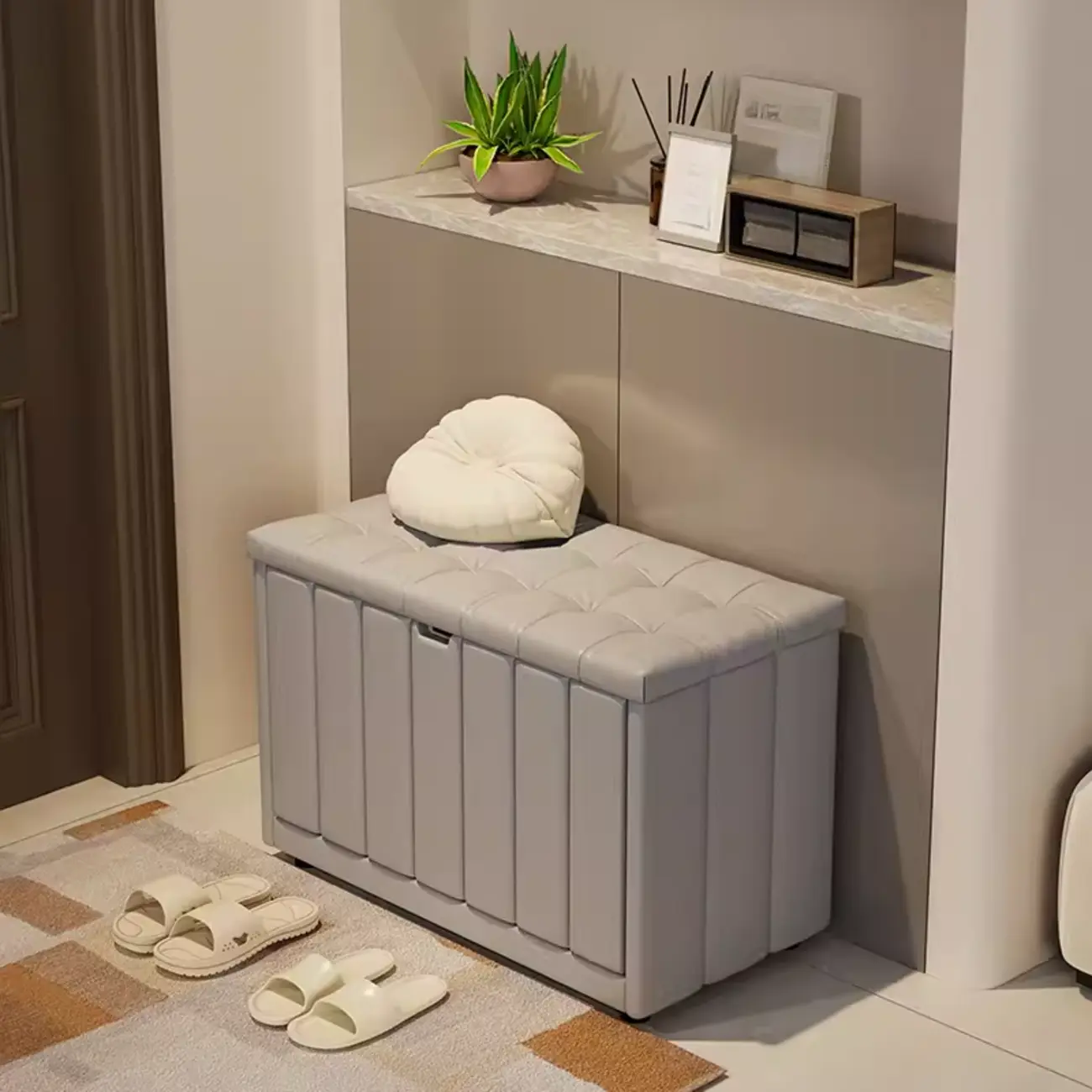 Adjustable Shelves Drop Front Wood Cushioned Shoe Bench