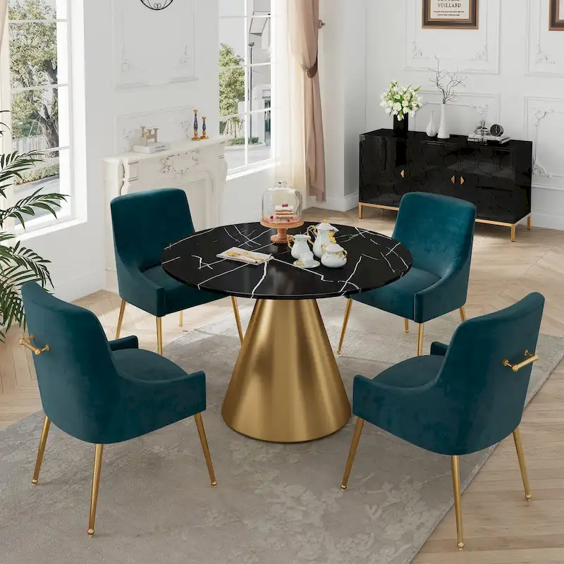 Clihome 5 Piece Black Marble Top Table with Velvet Dining Chair Set