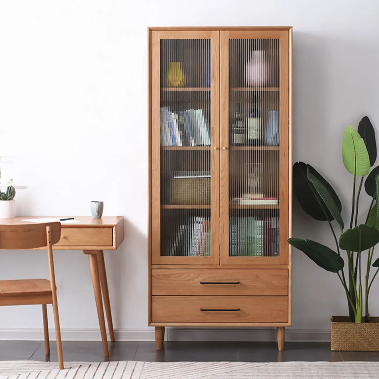Narrow Modern Natural Wood 2-Drawer Bookcase