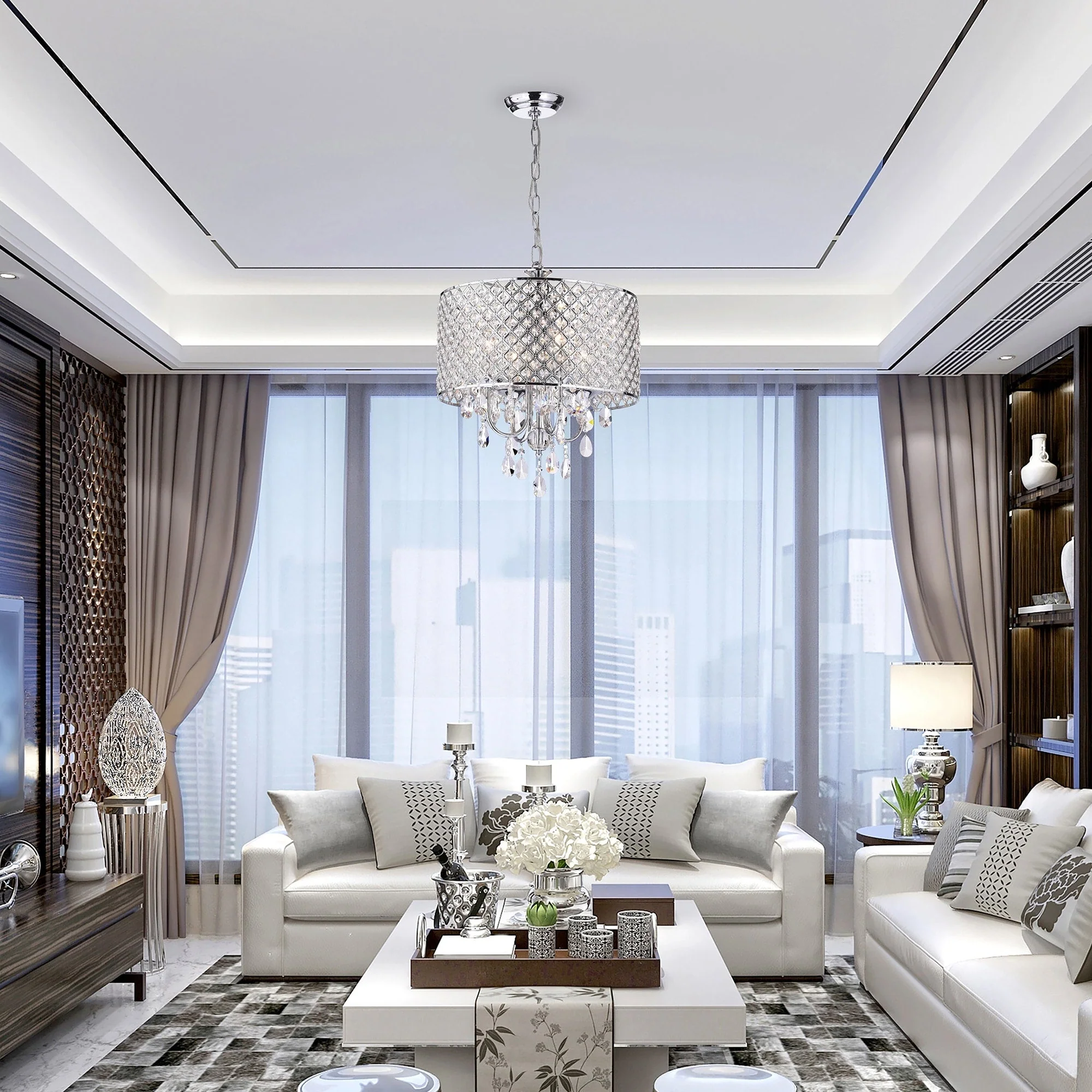 Round Beaded Drum Chandelier with Hanging Crystals