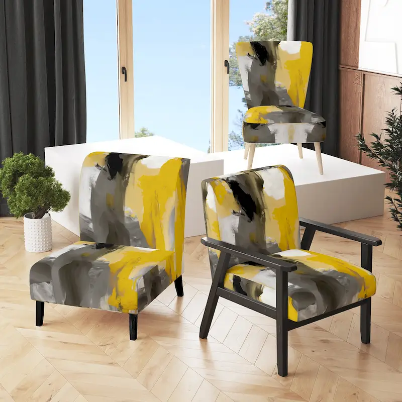 Designart Mustard Yellow And Vivid Gray II Upholstered Abstract Accent Chair and Modern & Contemporary Arm Chair