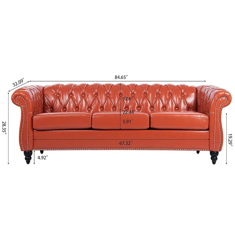 84.65 Chesterfield Tufted Faux Leather Sofa with Rolled Arms