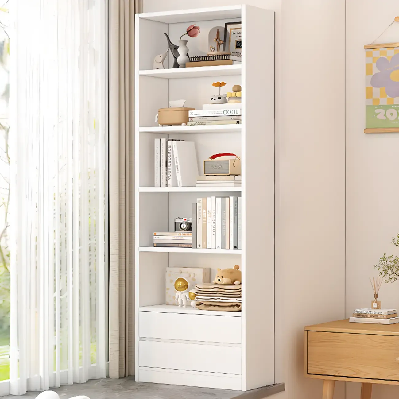 Simple Wooden White 3-Tier Bookcase with Drawers
