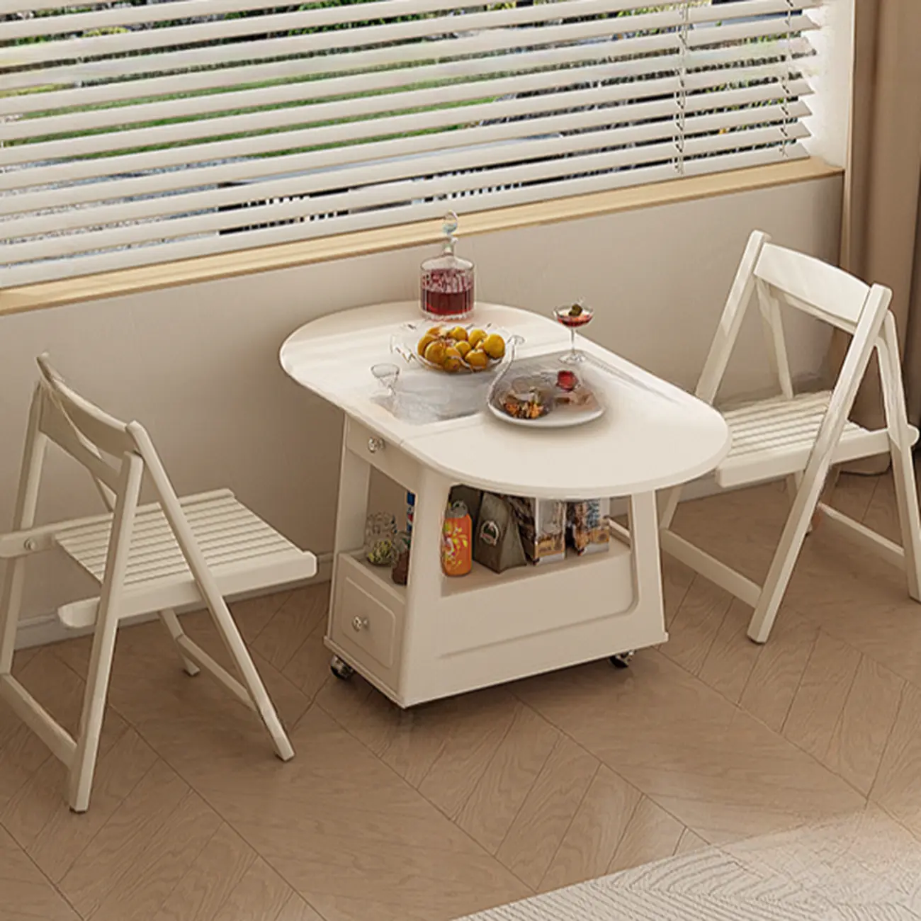 Foldable Wood White Modern Wheeled Small Side Table