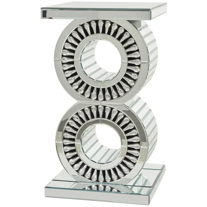 Glass Mirrored Side End Accent Table with Crystal Embellishment - Silver - Roche River Decor