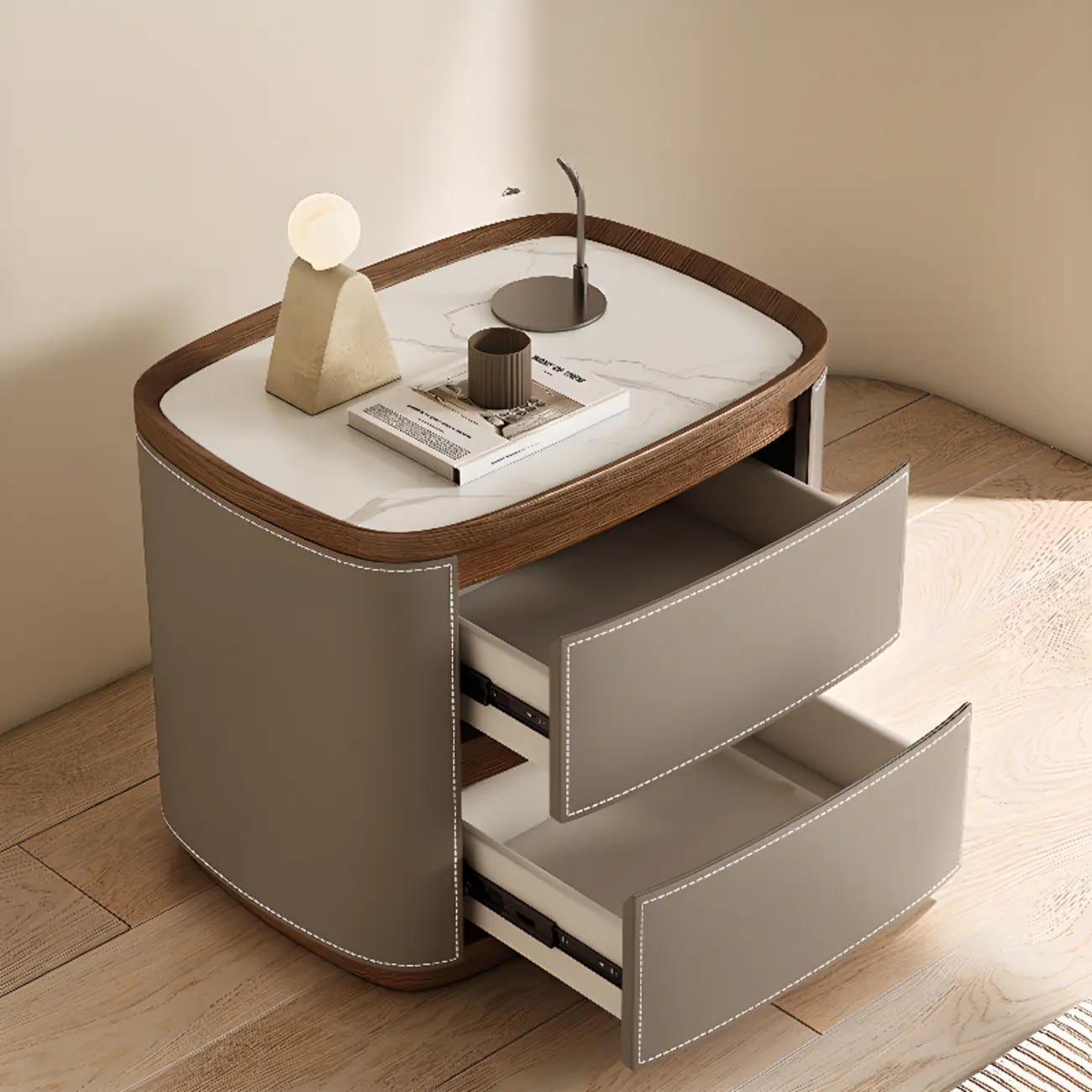 Trendy Low Tray-Top 2 Layer Solid Wood Nightstand