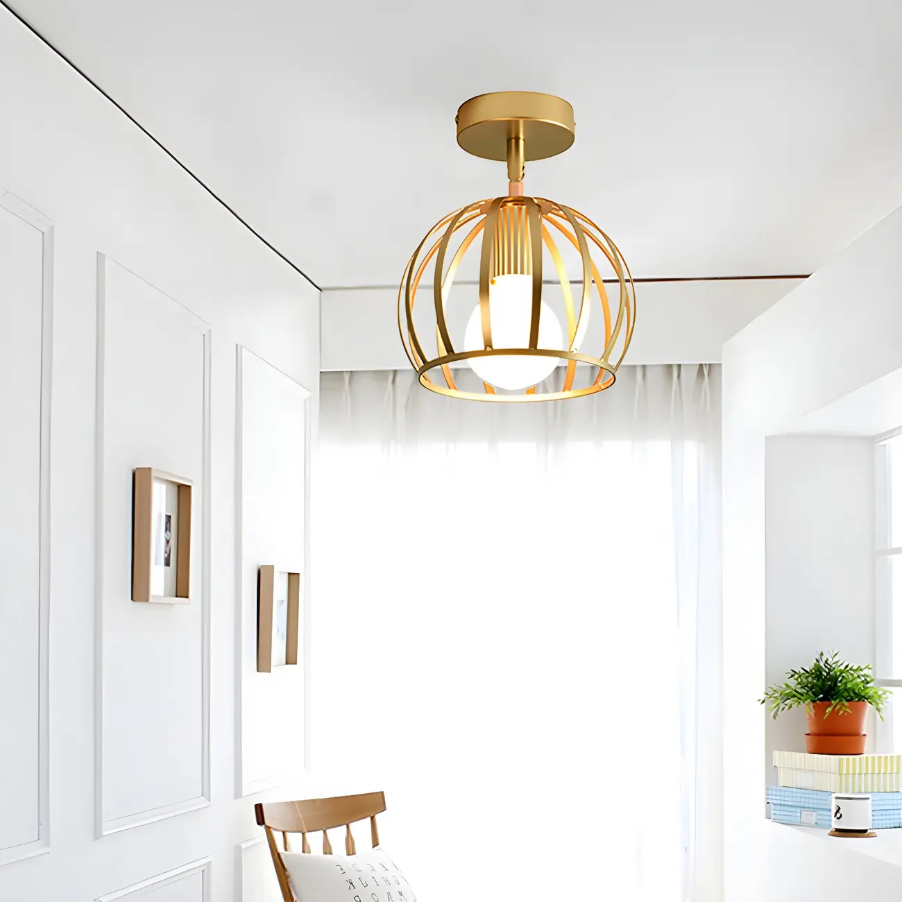 Industrial Brass Dome Semi Flush Metal Ceiling Light