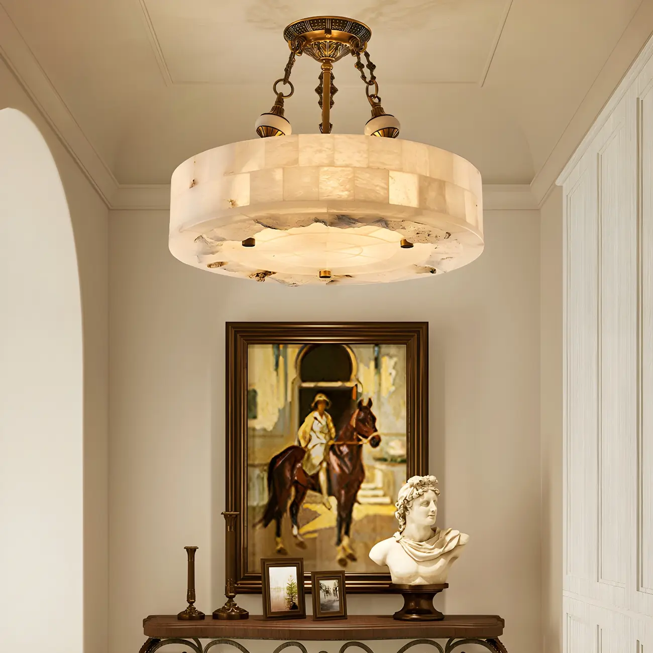 Luxurious Gold Alabaster Cylindrical Chandelier