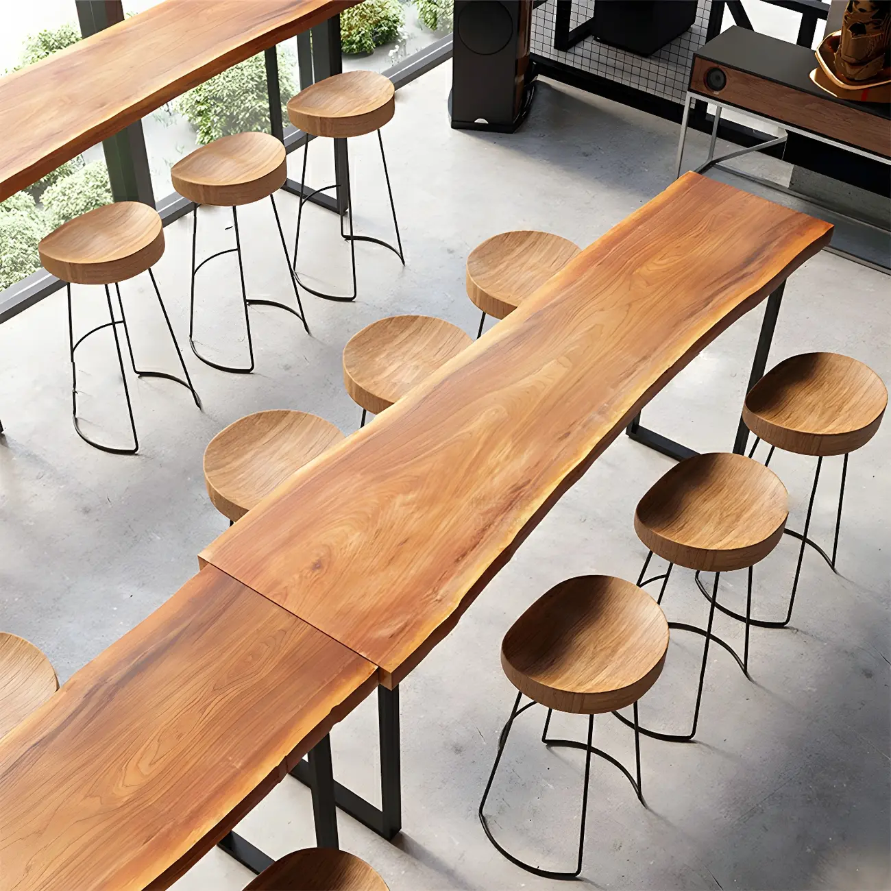 Scandinavian Brown Wooden Black Metal Base Bar Tables