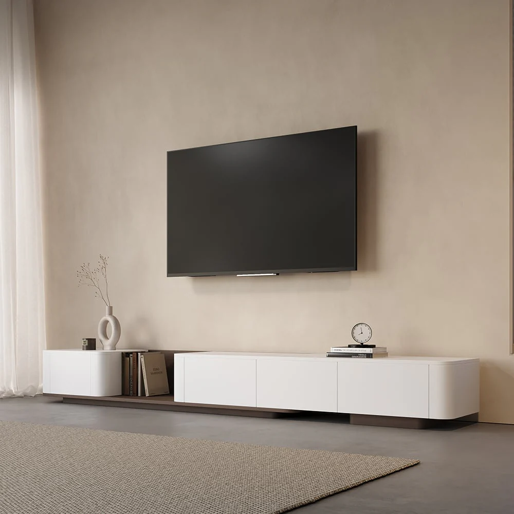 Extendable Modern Wooden White TV cabinet with Drawers