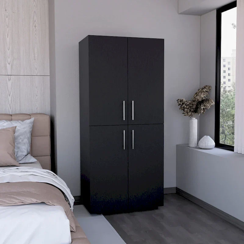 31.5 Modern Four-door Armoire with Six Shelves and Two Hanging Rods for Bedroom