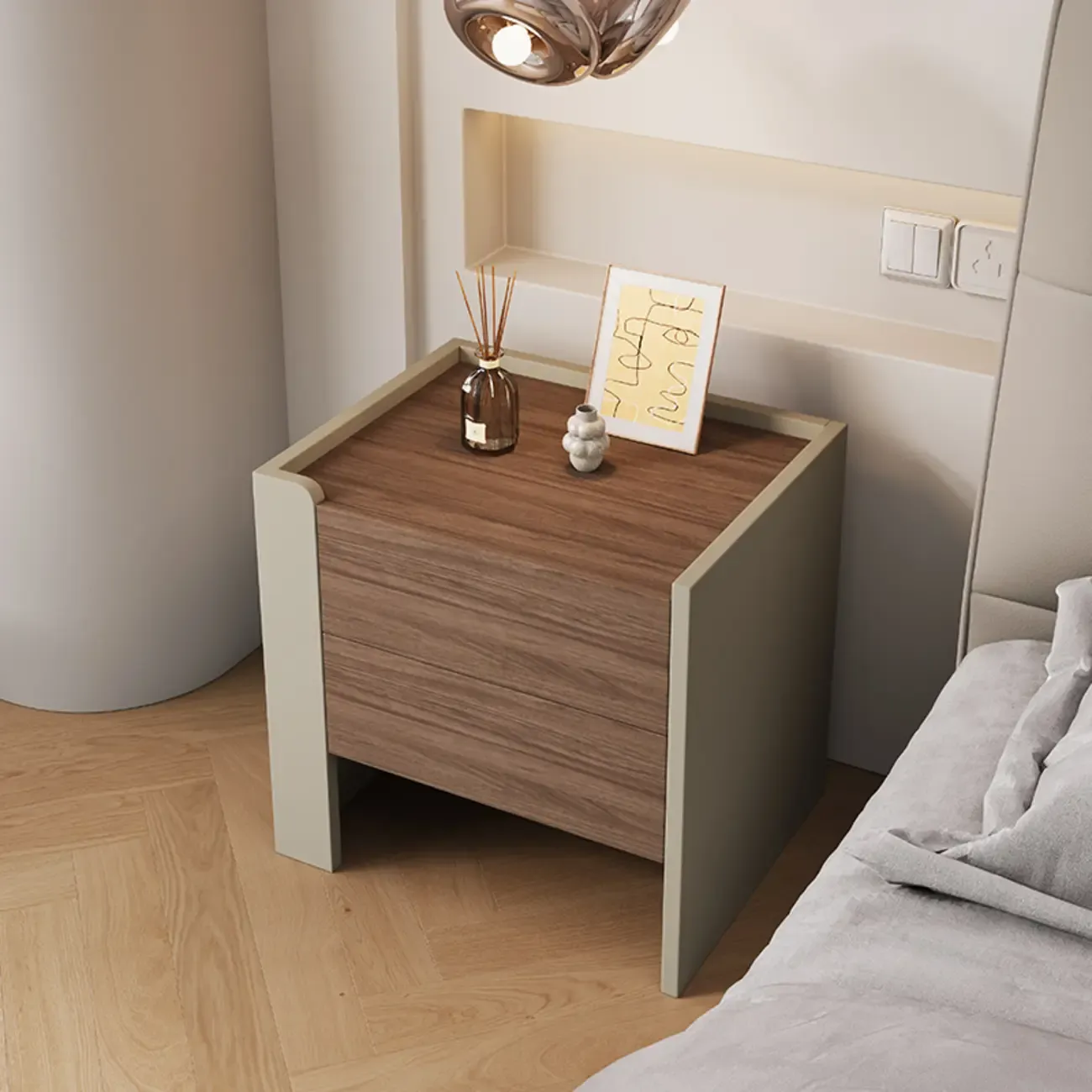 Modern Brown Grey Pine Wood 2-Drawer Nightstand