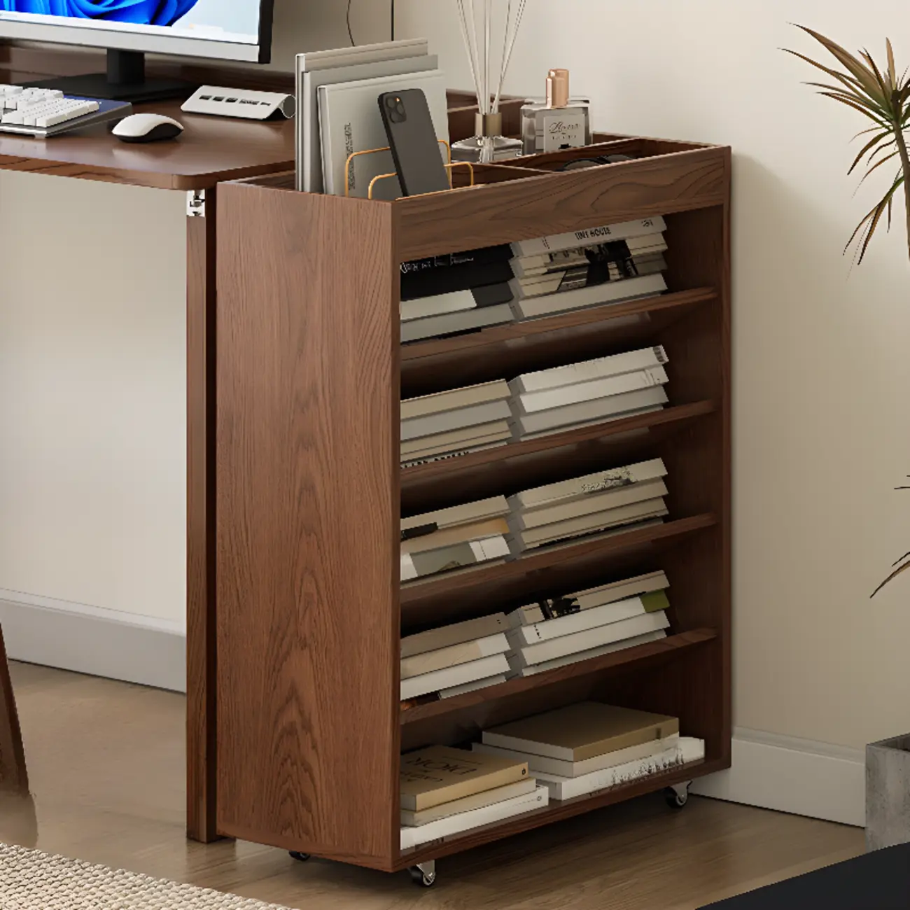 Mobile 5-Shelf Nut-Brown Wood Vertical Bookcase