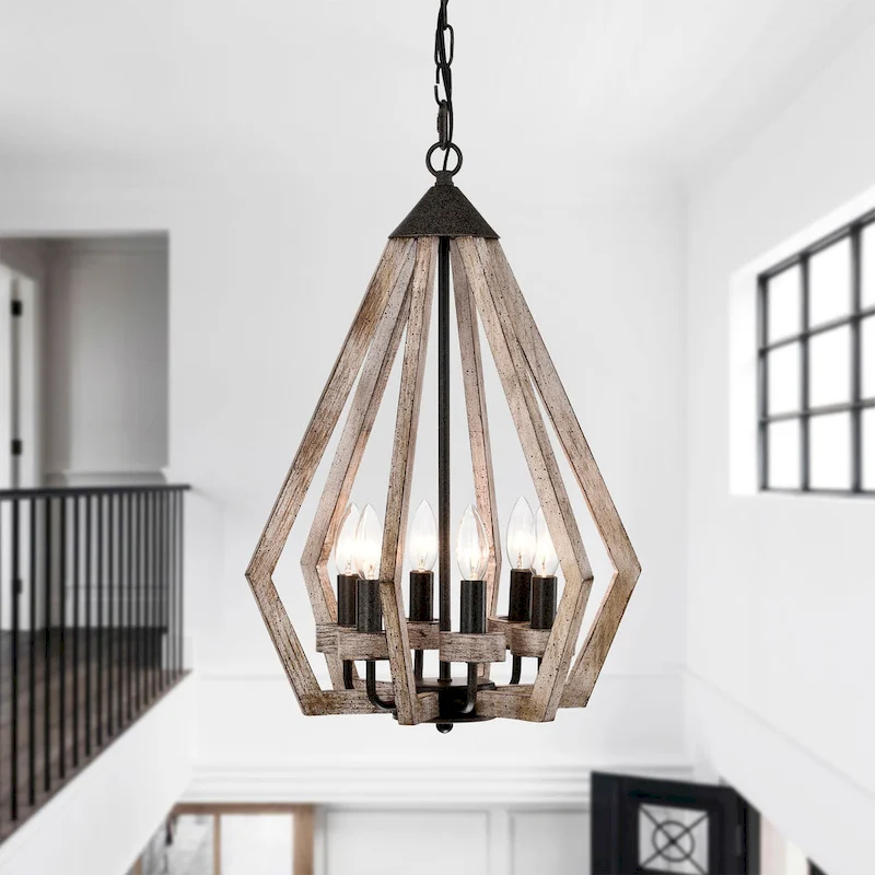 Cydney 16 Inch Geometric Shape Wood Grain Finish Pendant 6 Light