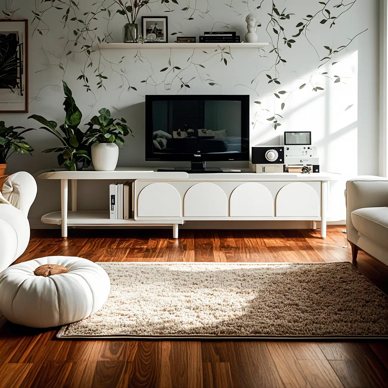 White Nordic Wood Arch Side Shelf TV Stand with Cabinet