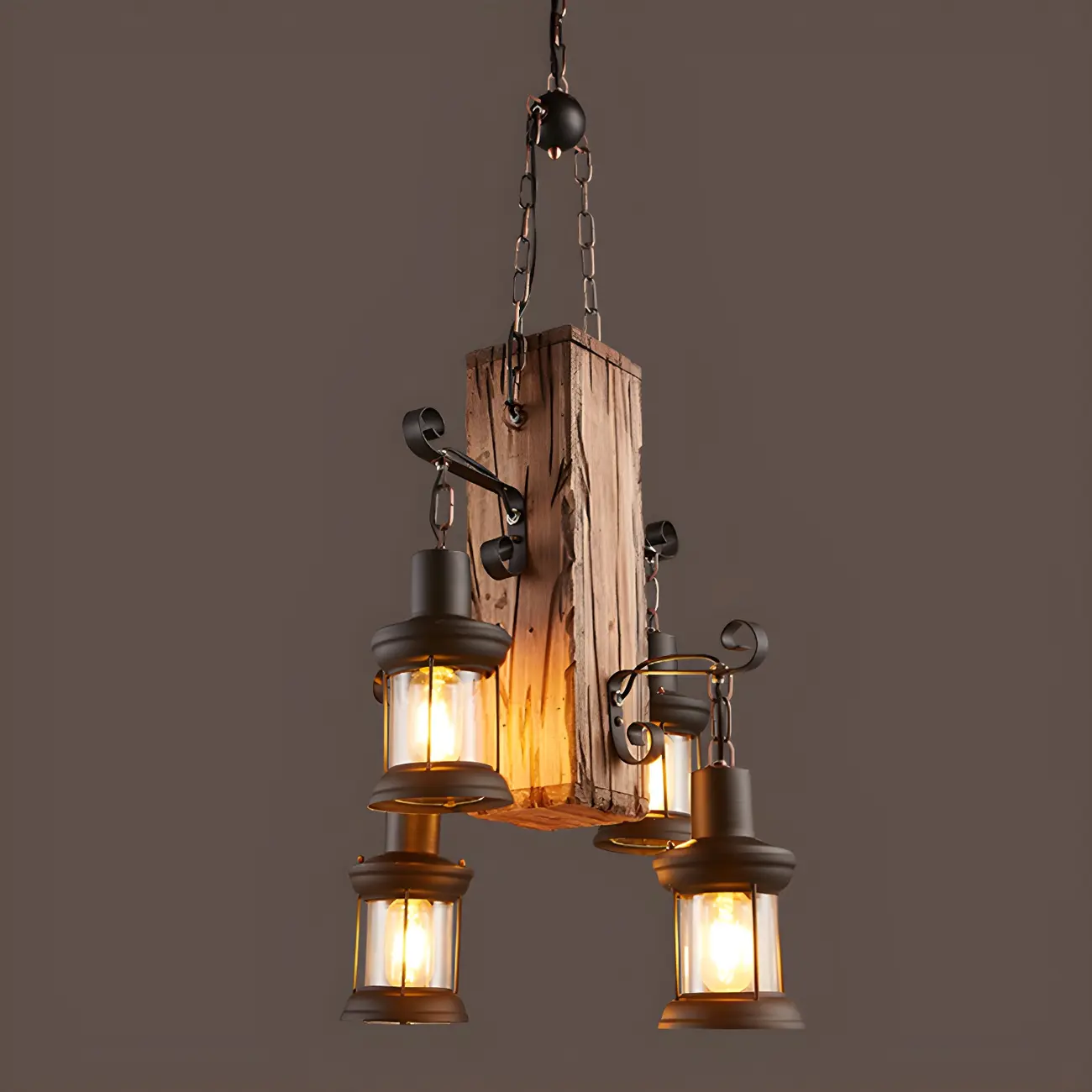 Industrial Farmhouse Metal Wood Rectangular Chandelier