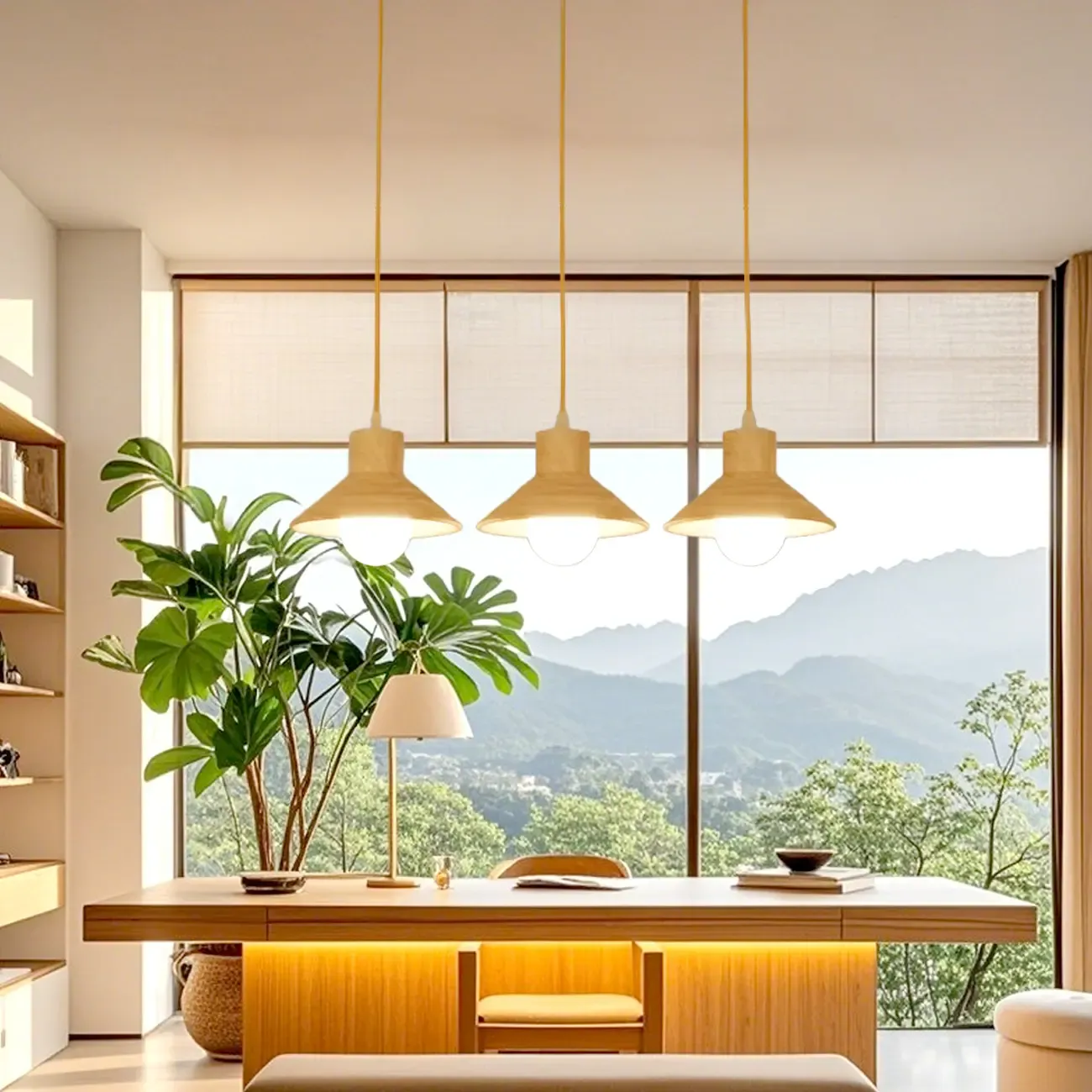 Rustic Island Light Modern Wood 3 Lights Cone Island Pendant