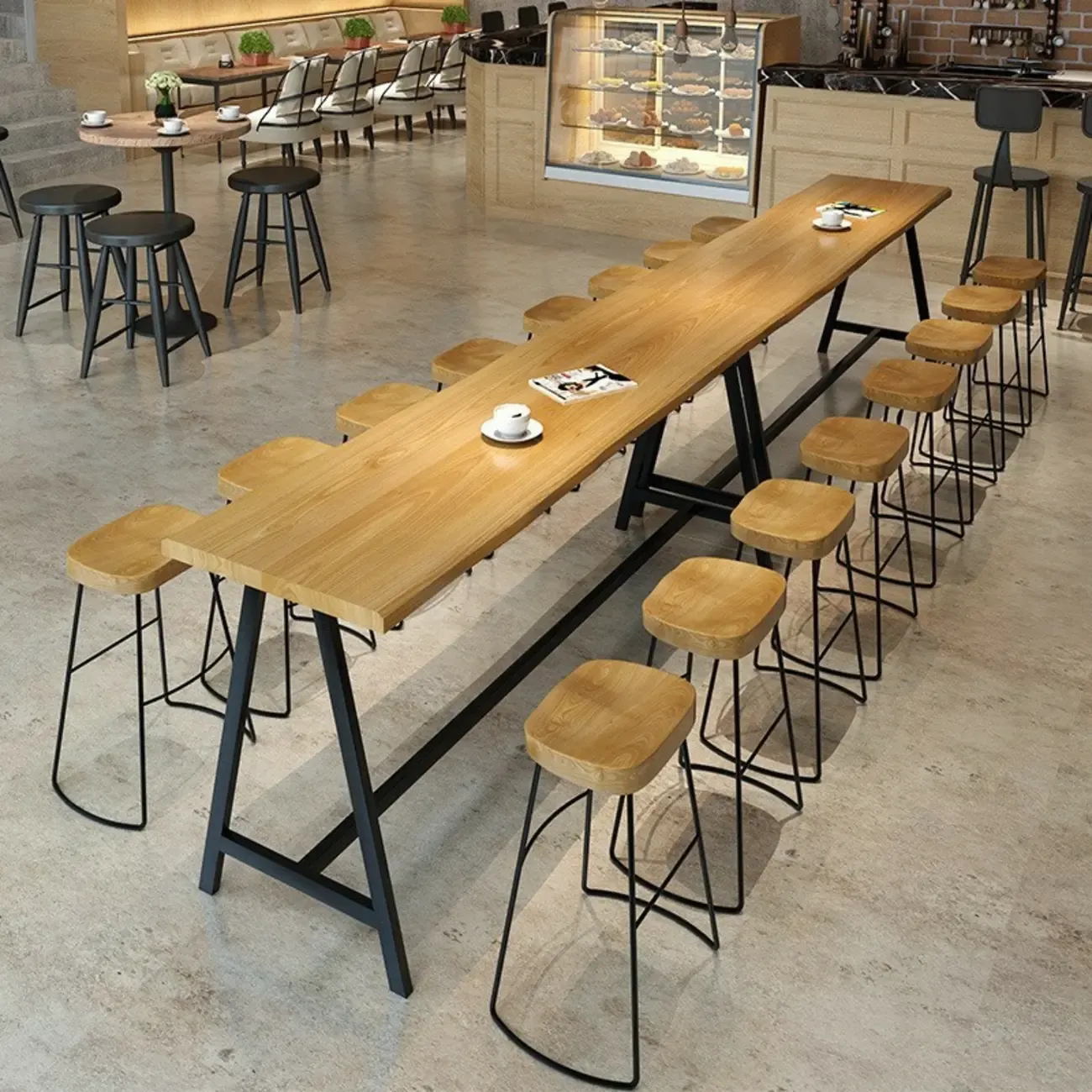Modern Natural Wood Metal Trestle Bar Tables for Bistro
