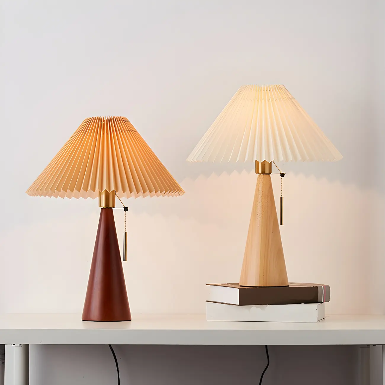 Modern Remote Wood Cone Bedside Table Lamp LED & Fabric