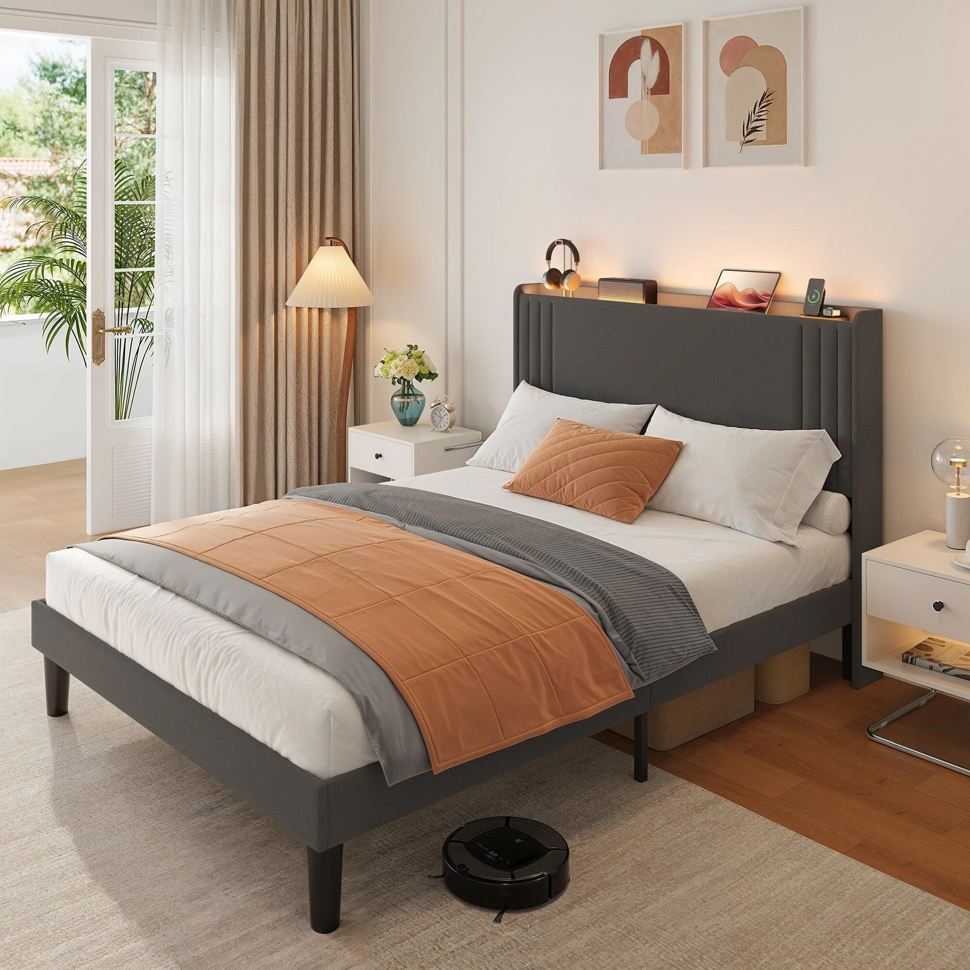 Queen/ Full Vertical Channels Upholstered Bed with Wingback Headboard