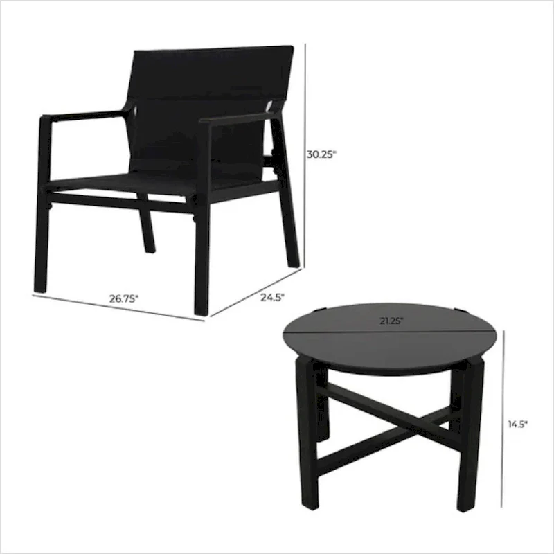 Mesh Sling Armchairs, Conversation Set with Side Table, Aluminum Frame (Set of 3)