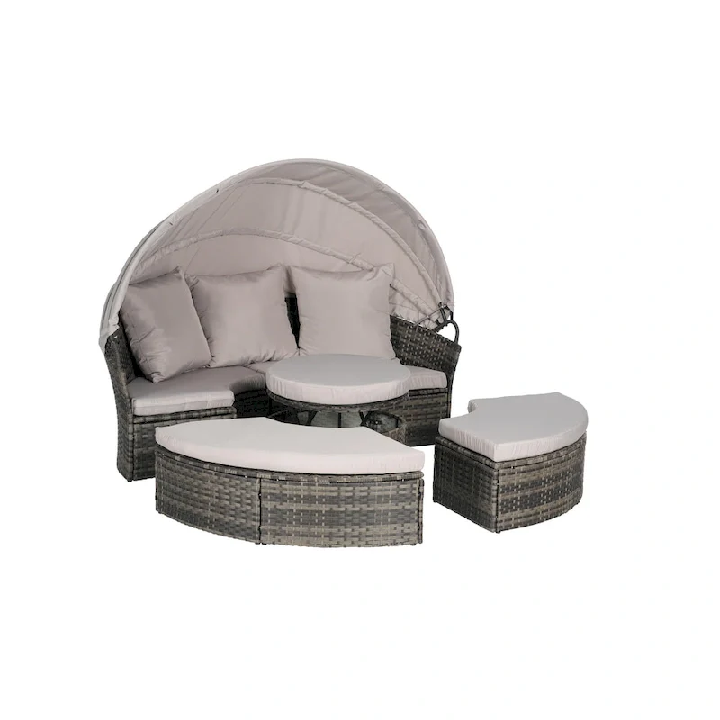 5-Piece Round Daybed Sunbed with Canopy & Removable Cushions