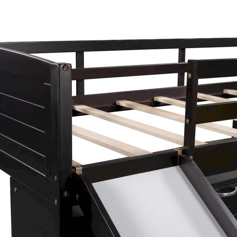 Twin Pine Low Loft Bed with Cabinets, Shelves, and Slide