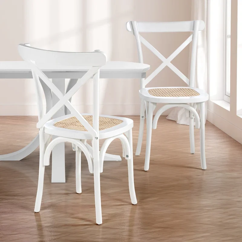 Colmar Classic Traditional X-Back Wood Rattan Dining Chair, Natural (Set of 2) by JONATHAN Y