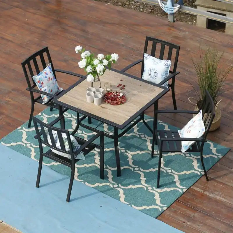 MAISON ARTS 5-piece Faux Wood Table and Metal Stackable Chairs Patio Set - 5-Pieces Sets