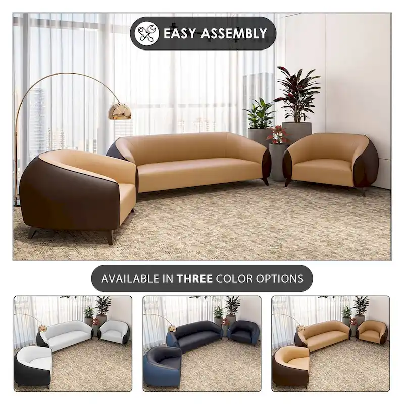 3-Piece Sofa Set Upholstered PU Leather with Solid Wood Frame and Steel Legs Opula Series by LeisureMod